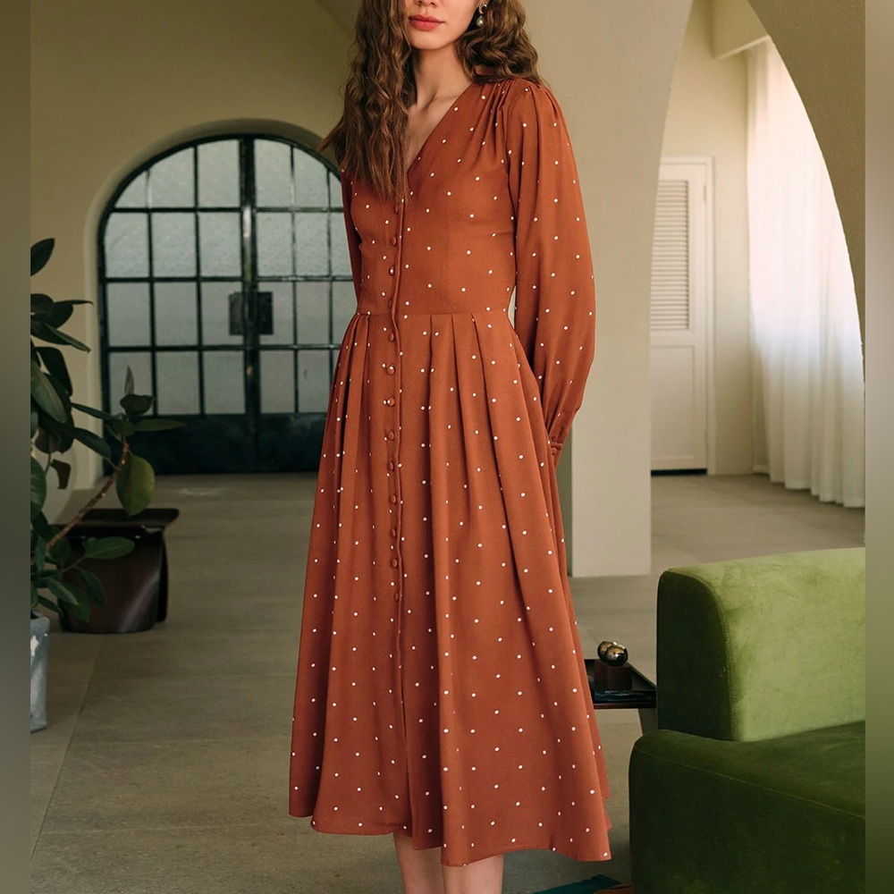 Rihoas Brown Polka Dot Pleated Midi Dress - Picture 1 of 7